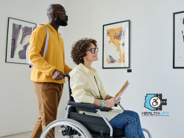 dating-a-disabled-partner-phoenix-romantic-museum-art Wheelchair User Admiring Modern Art in an Accessible Gallery, Ideal For Couples Dating A Disabled Partner
