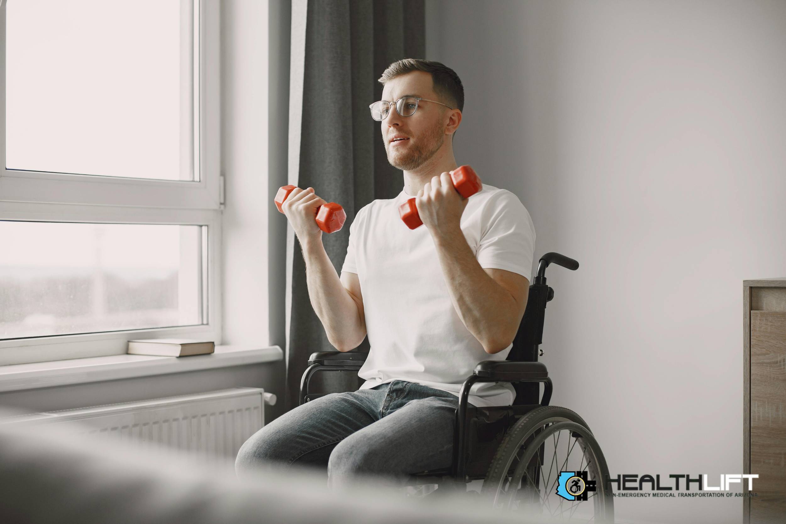 Man in Wheelchair Using Dumbbells for Physical Therapy