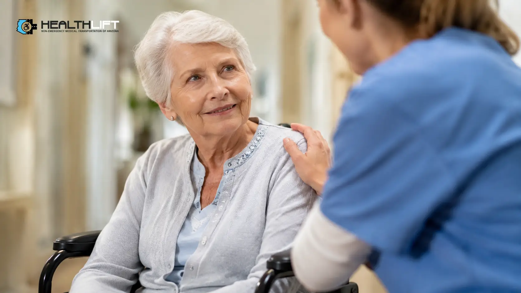 senior-wheelchair-caregiver-medical-clinic Senior in Wheelchair with Caregiver at Medical Clinic