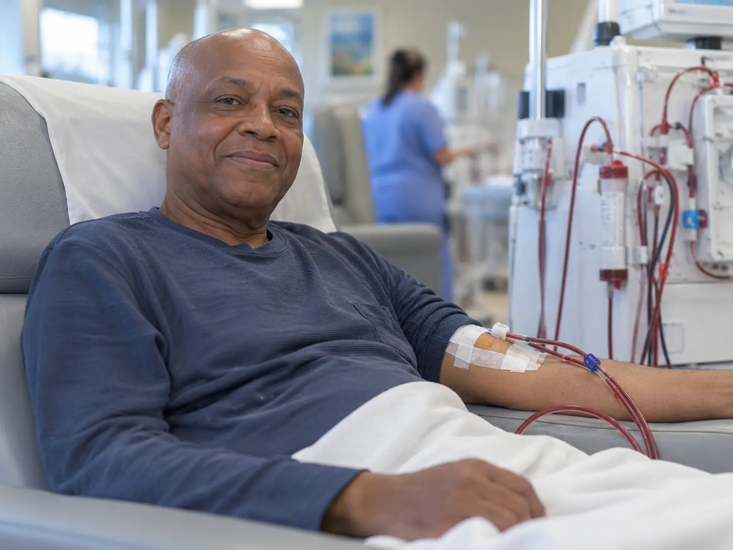 patient-receiving-hemodialysis-treatment-chair Patient Receiving Hemodialysis in Treatment Chair